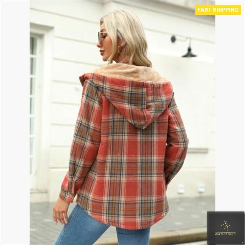 Oversized Plaid Shacket Hooded Sherpa Lined Fleece Jacket Fall Winter Casual - Picture 3 of 7